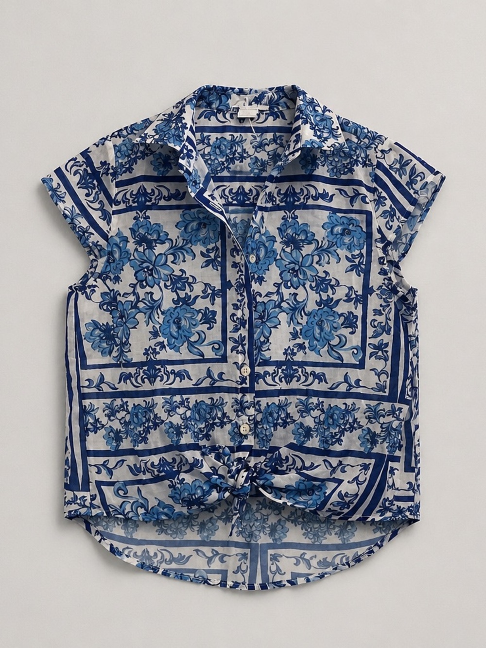 Blue Floral Tie-Hem Button-Up Shirt